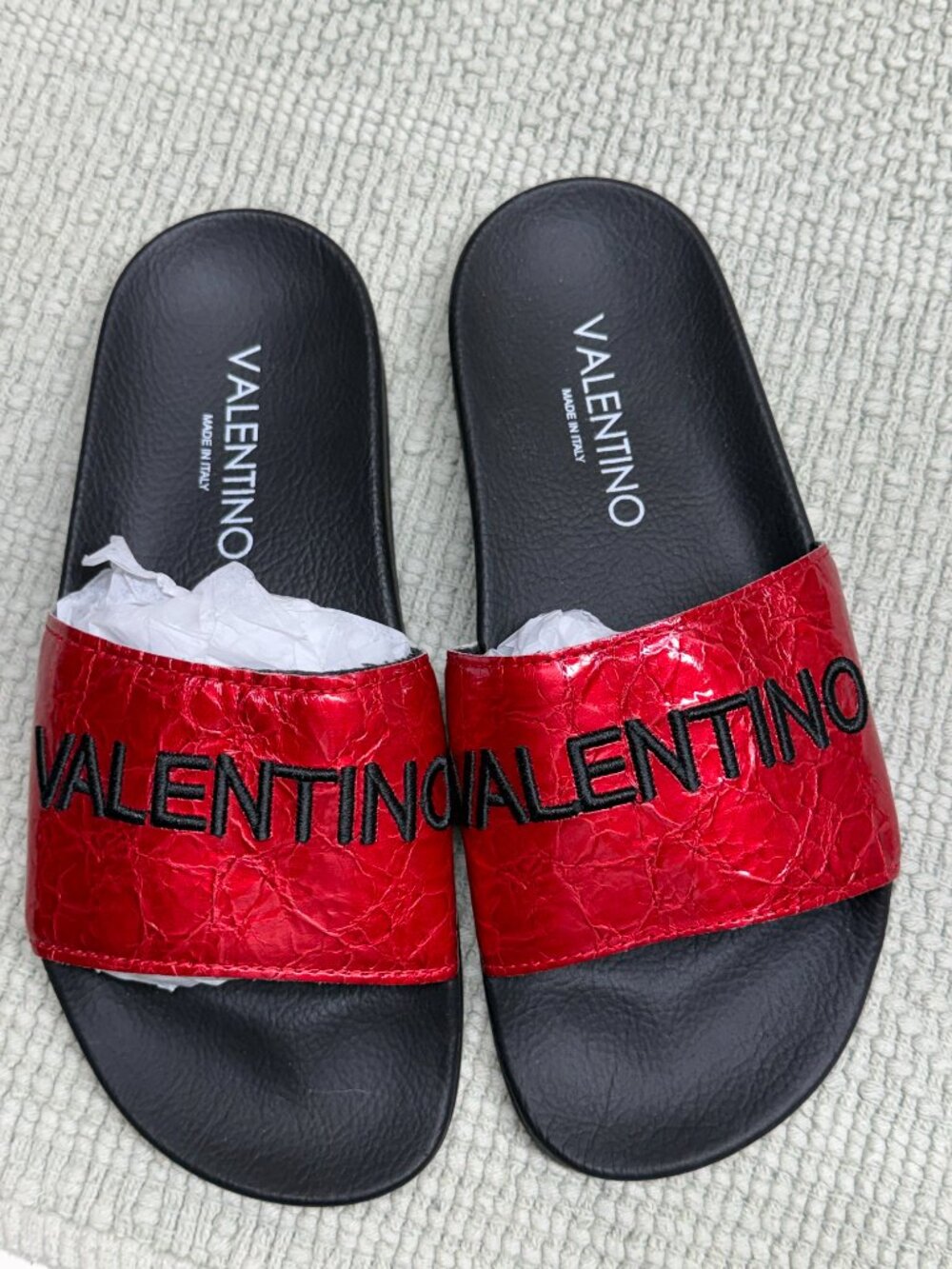 Valentino Logo Slide Sandals Red Croc Embossed Patent Made Italy EU 38.5 US 8